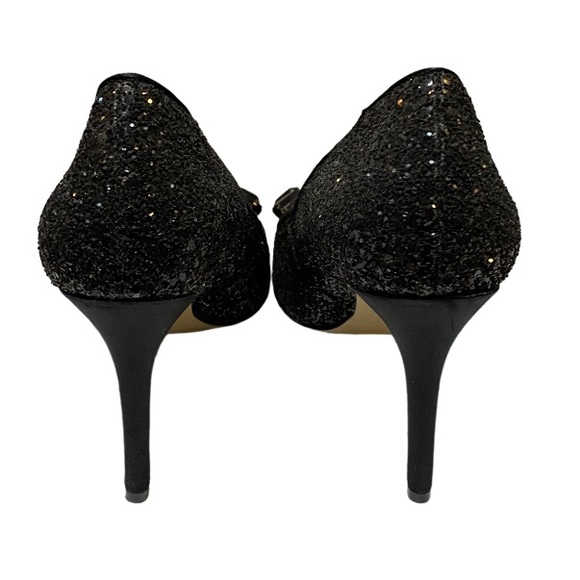 Enzo Angiolini black glitter open toe heel shoes with black stone details size 8 - Picture 3 of 8